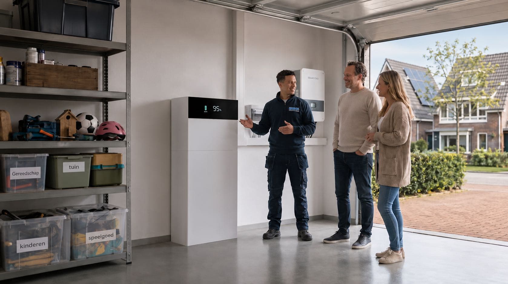 Drie mensen naast een witte thuisbatterij en omvormer in een garage.