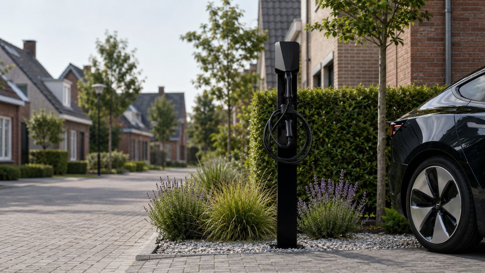 Een zwarte laadpaal naast een geparkeerde auto op een oprit.