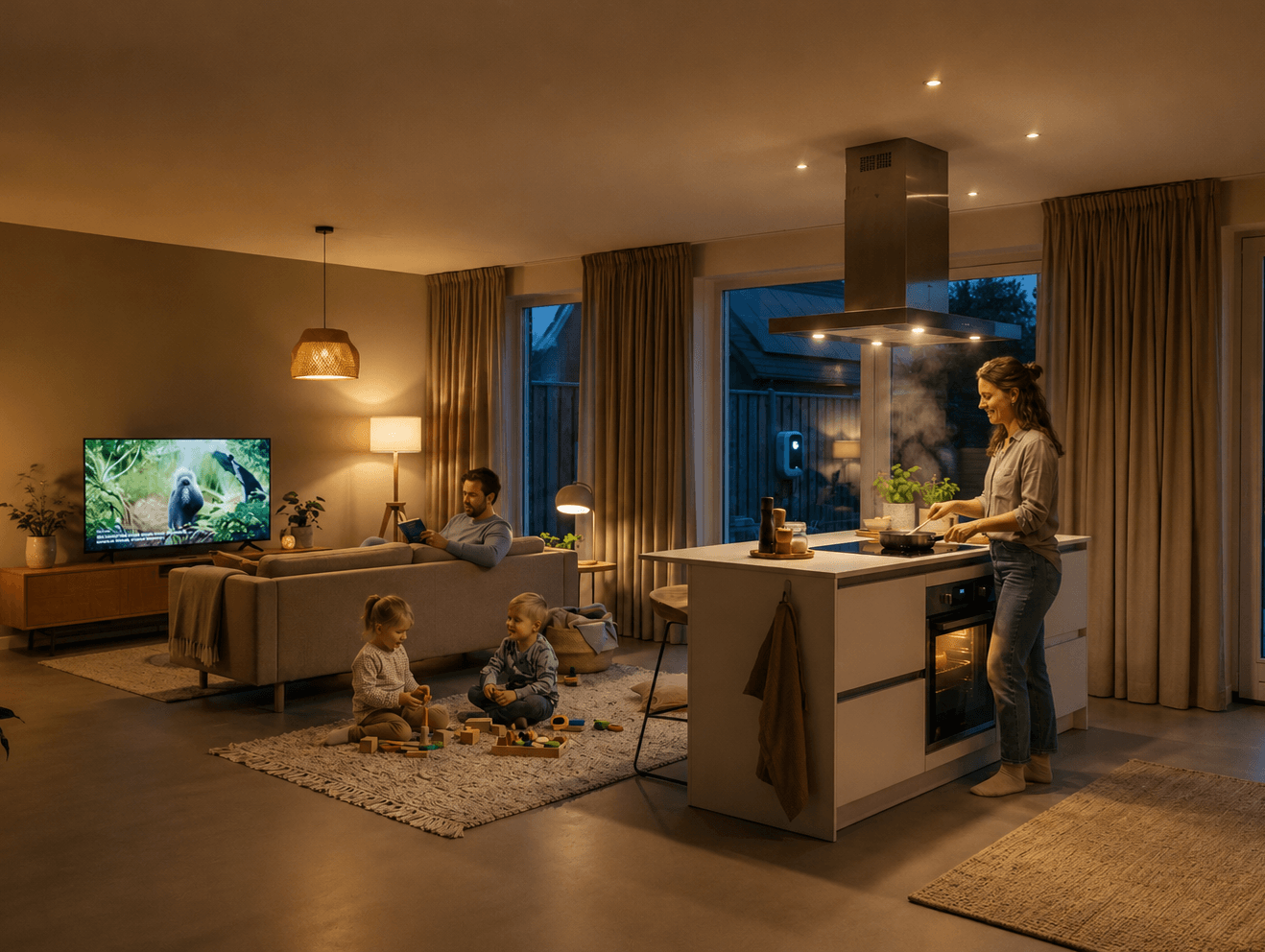 Gezin in een verlichte woonkamer met open keuken in de avond