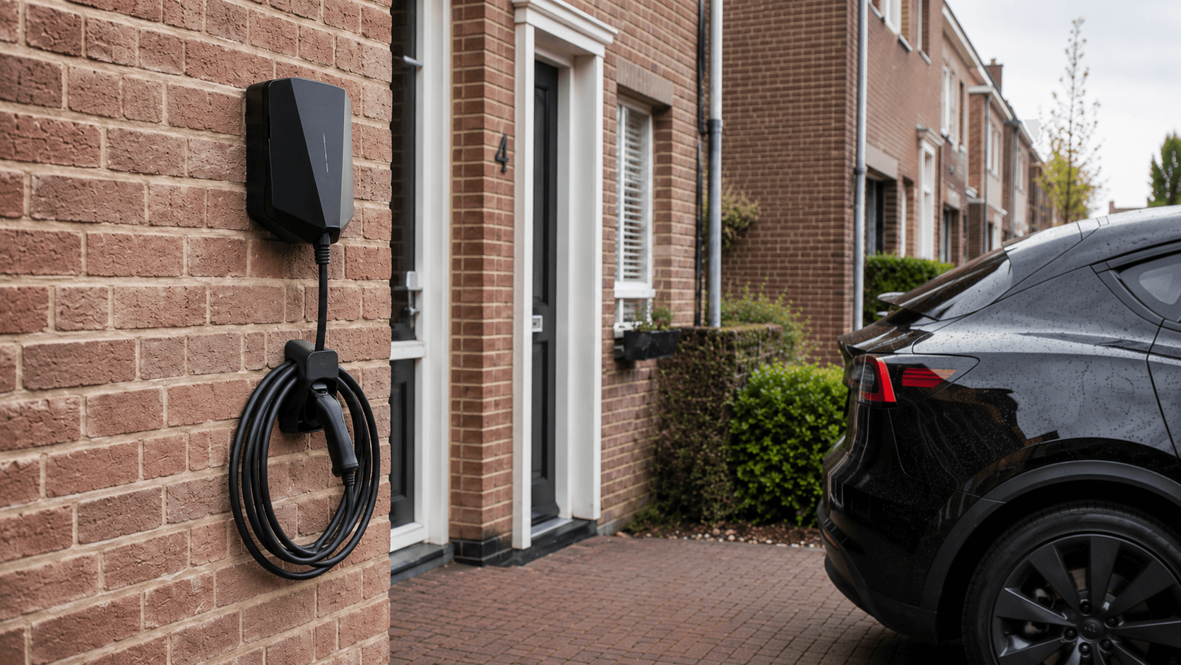 Een laadpunt met opgerolde kabel aan een bakstenen gevel naast een geparkeerde auto.