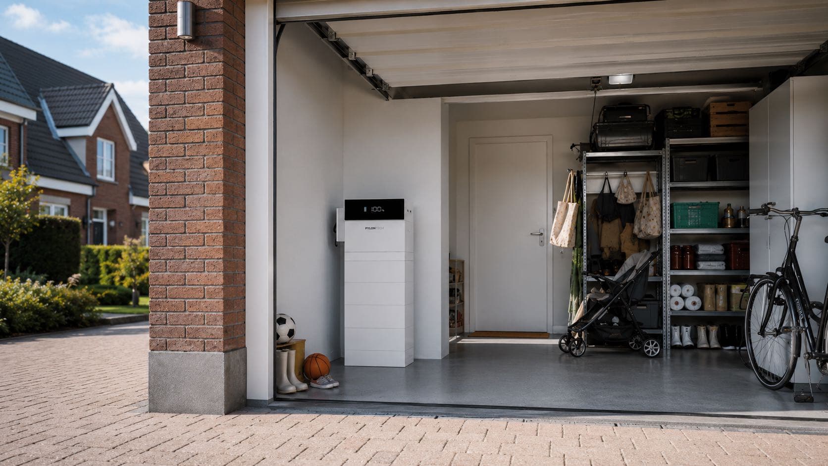 Een witte thuisbatterij tegen de wand van een garage met fietsen en opbergrekken.